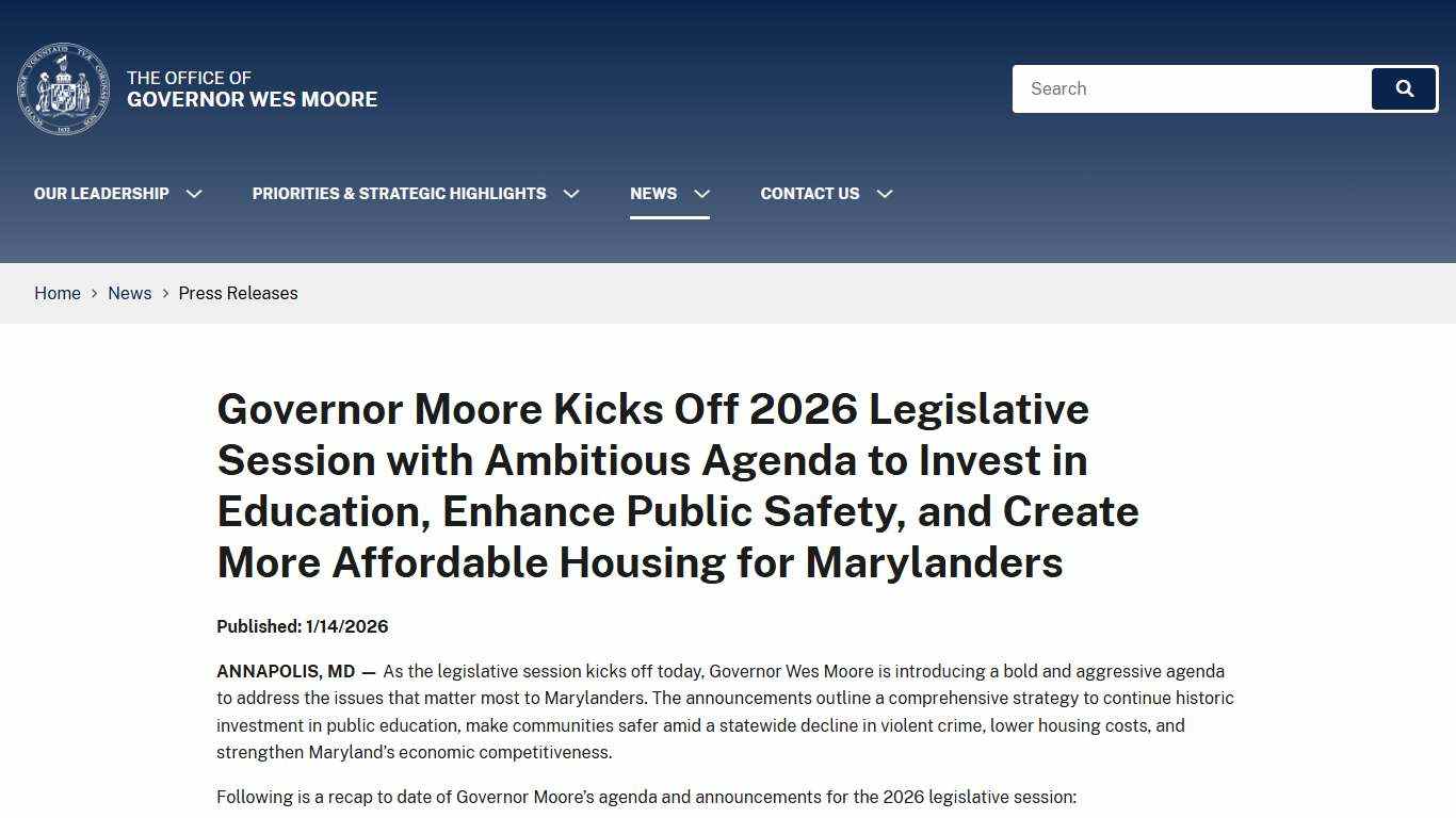 Governor Moore Kicks Off 2026 Legislative Session with Ambitious Agenda to Invest in Education, Enhance Public Safety, and Create More Affordable Housing for Marylanders - Press Releases - News - Office of Governor Wes Moore